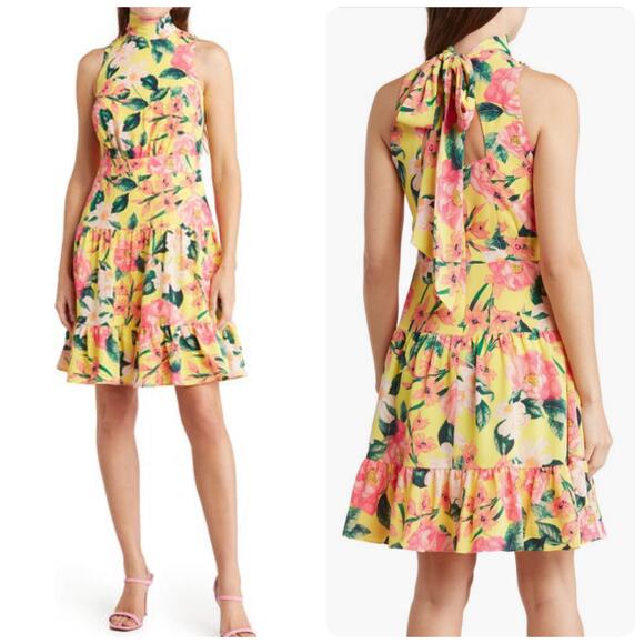 Eliza J. Yellow & Pink Floral Tie Back Mock Neck Mini Dress Women’s Size 18W - Picture 1 of 14